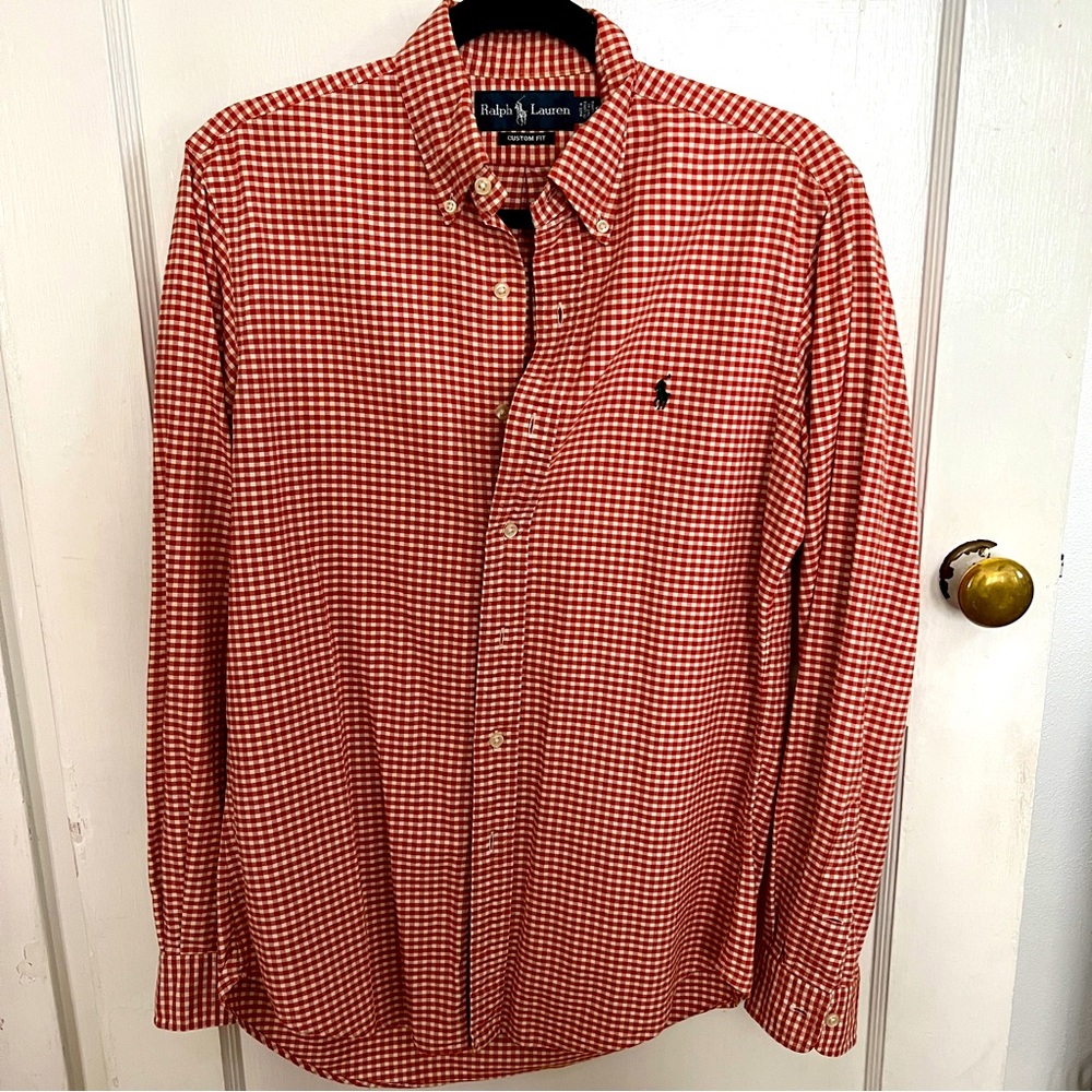 Long sleeve polo button up - orange gingham with green polo